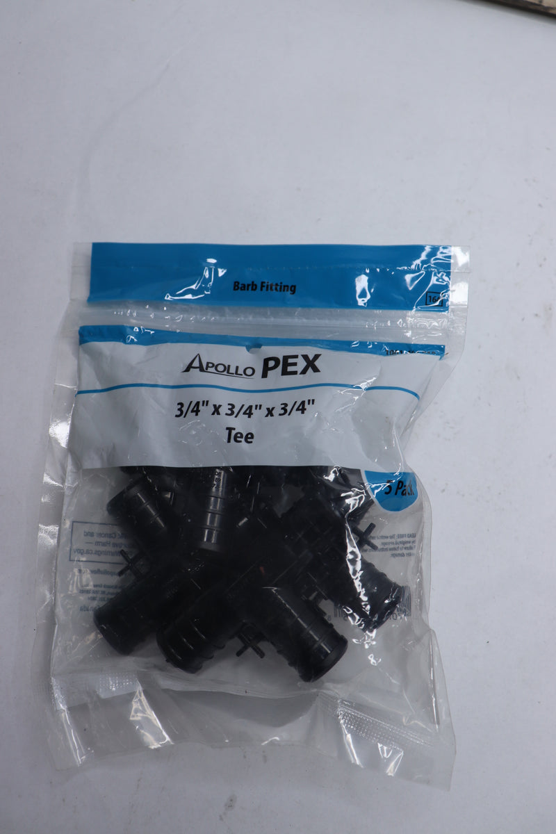 (5-Pk) Apollo Pex Barb Hose Tee Fitting Black Poly Alloy 3/4" PXPAT345PK