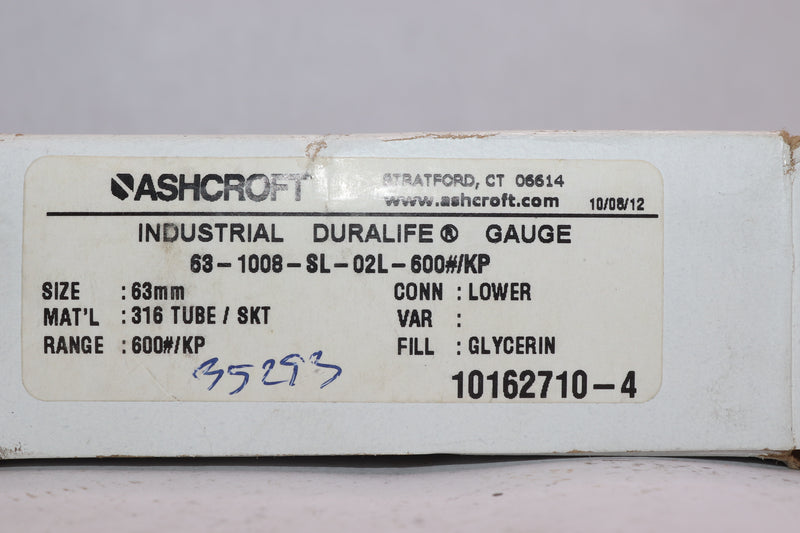 Ashcroft Pressure Gauge Stainless Steel 63 MM 1/4" NPT 63-1008-SL-02L-600