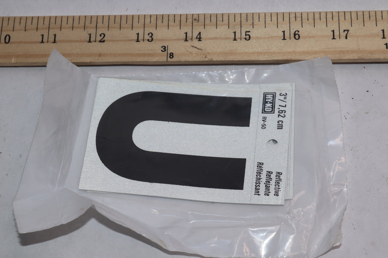 (10-Pk) Hy-Ko Self-Stick Reflective Letter U Vinyl Black 3"