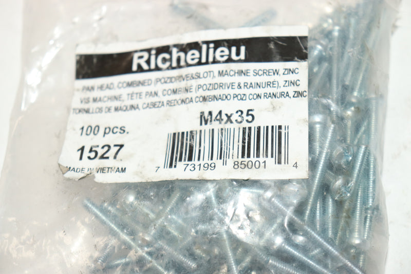 (100-Pk) Richelieu Pan Head Machine Screws Zinc Plated 1527