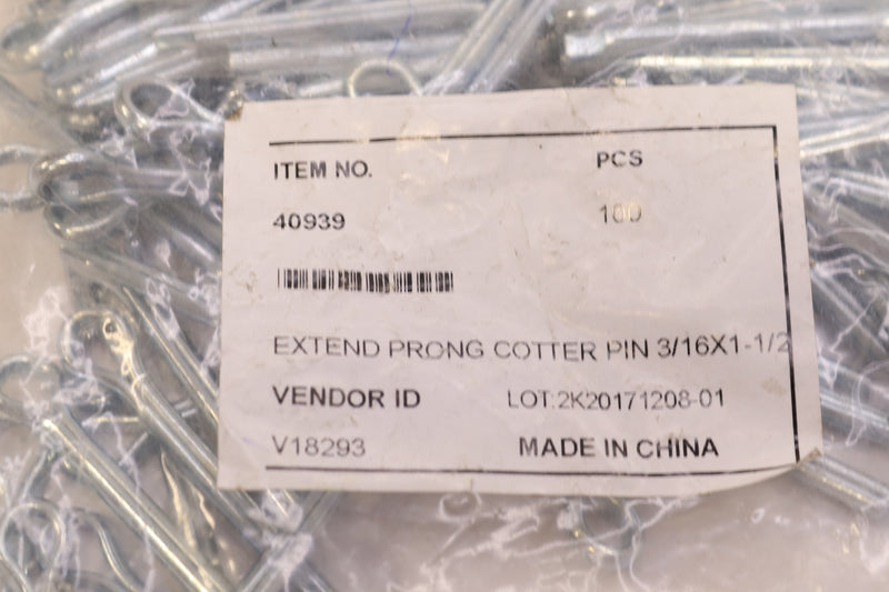 (10-Pk) Yichang Zinc Plated Extended Prong Cotter Pin 3/16" x 1-1/2" MP40939