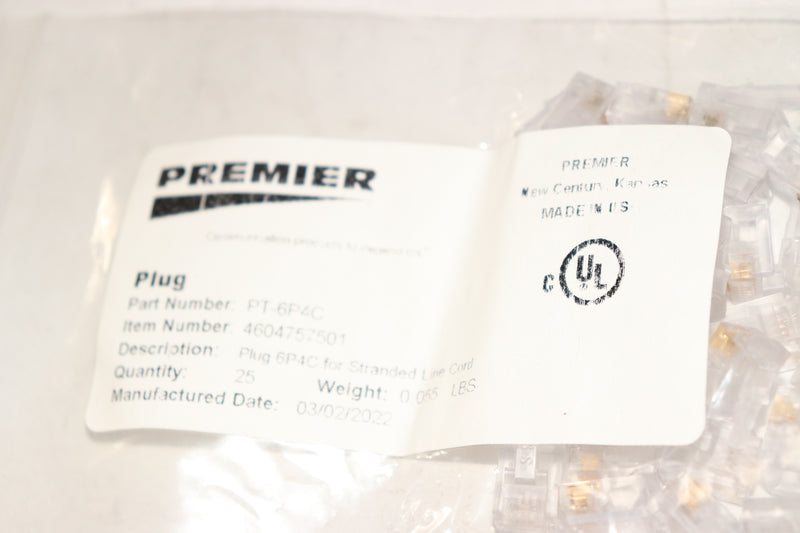 (25-Pk) Premier Modular Plug 6P4C For Round Cable PT-6P4C