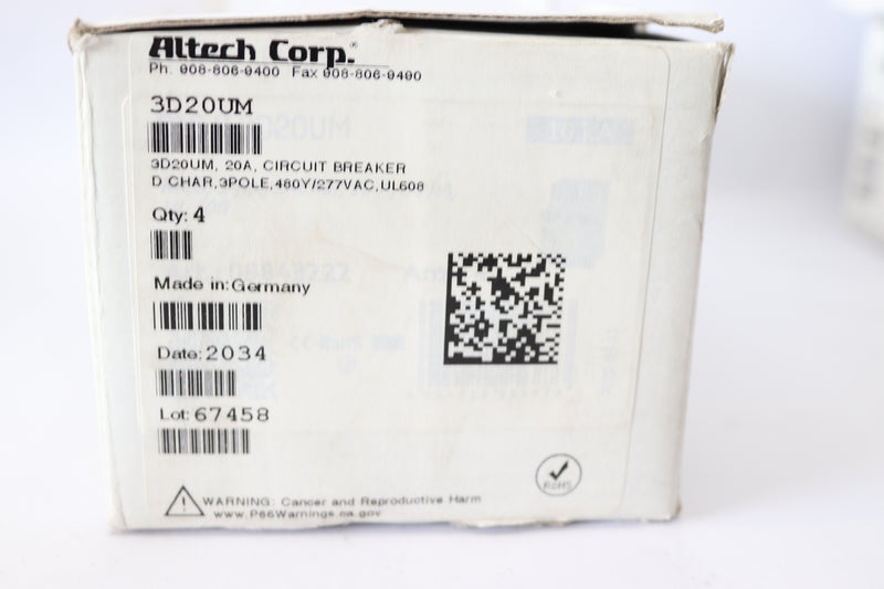 Altech Corp Circuit Breaker Thermal Magnetic 20A 3 Pole 4810Y/277VAC 3D20UM