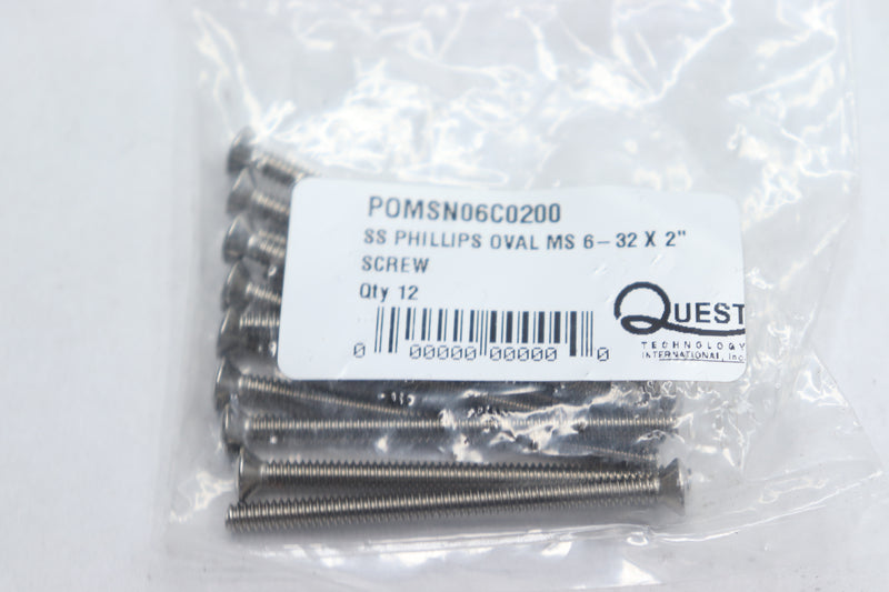 (12-Pk) Quest Phillips Oval Machine Screws Stainless Steel 6-32 x 2"