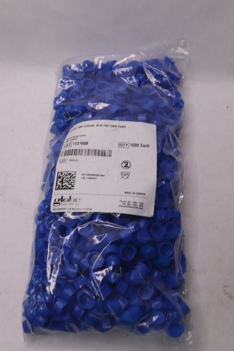 (1000-Pk) Globe Scientific Snap Cap w/ Two Thumb Tabs Blue Polyethylene 13mm
