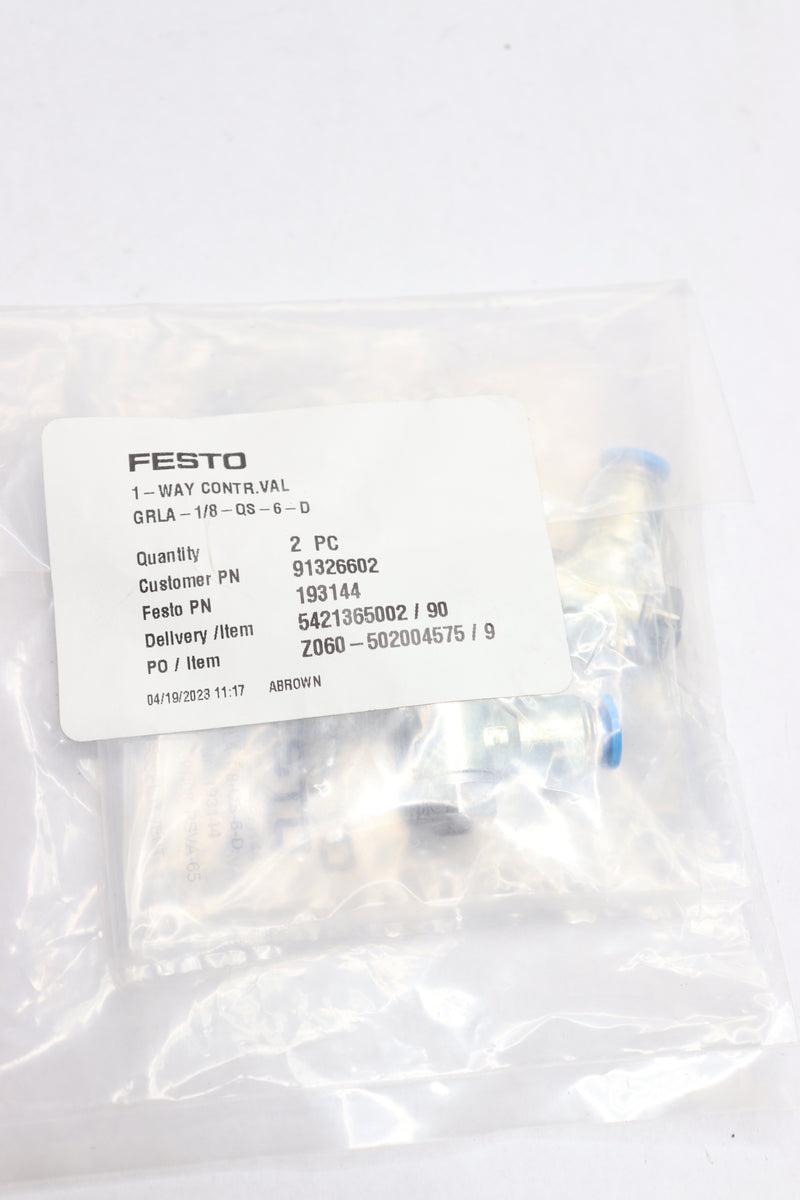 (2-Pk) Festo Flow Control Valve 1 Port G 1/8 Thread 6 MM OD Tube GRLA-1/8-QS-6-D