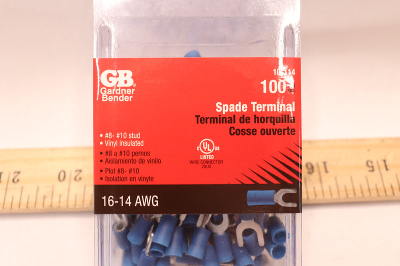 (100-Pk) Gardner Bender Terminal Spade Blue 16-14 AWG Stud Size 8-10 10-114