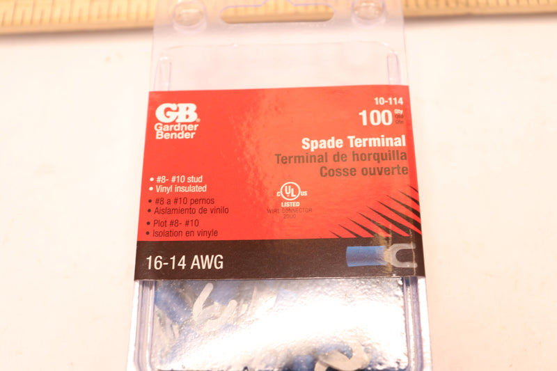 (100-Pk) Gardner Bender Terminal Spade Blue 16-14 AWG Stud Size 8-10 10-114