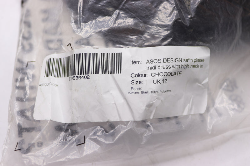 Asos Design Plisse Midi Dress w/ High Neck Chocolate Satin UK12 110996402