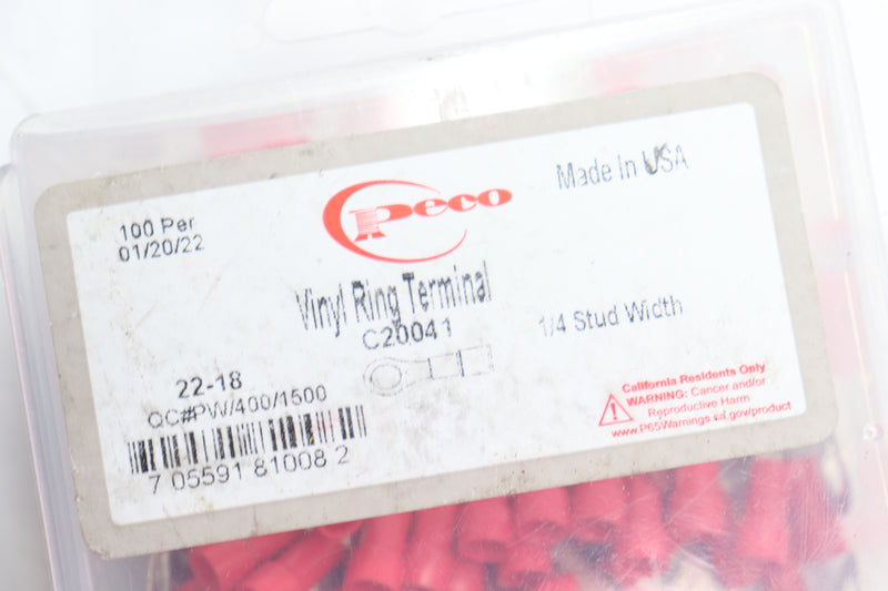 (100-Pk) Peco Ring Terminal Vinyl Red 1/4" C20041