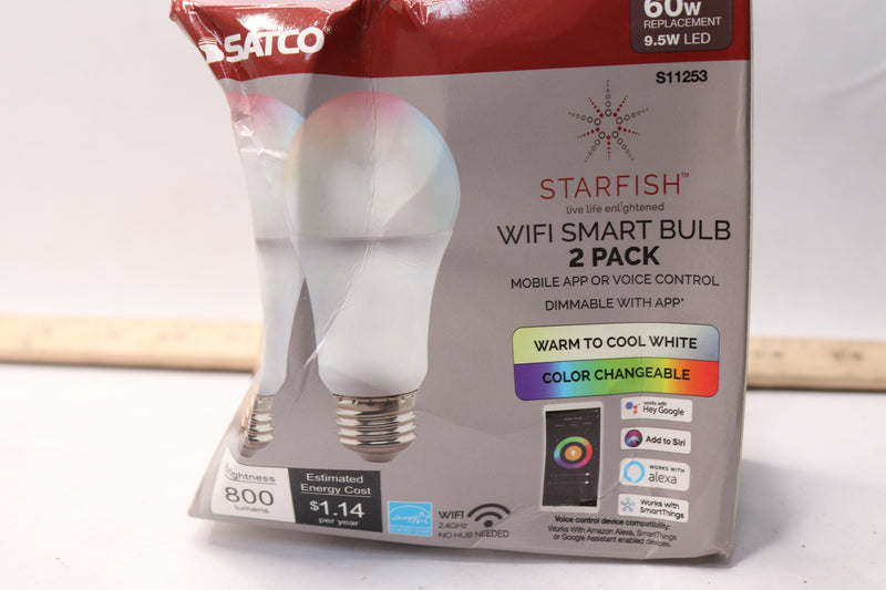 (2-Pk) Satco Starfish Light Bulb LED RGB & Tunable White A19 9.5W 120V 800lm