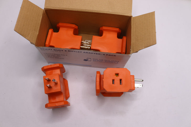 (4-Pk) Maxxima Heavy Duty 3 Grounded Multi Outlet Adapter Wall Plug Orange 125V