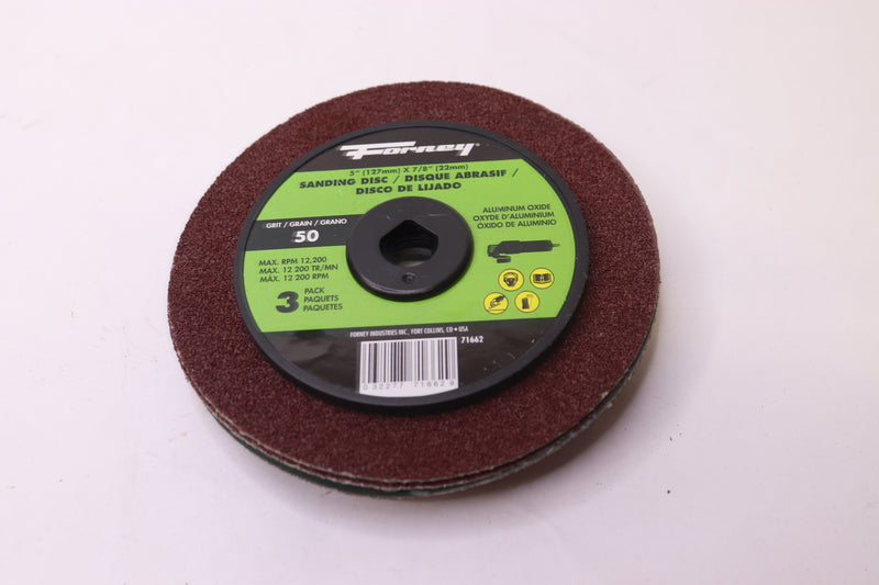 (3-Pk) Forney Sanding Discs Aluminum Oxide 50-Grit 7/8" Arbor 5" 71662