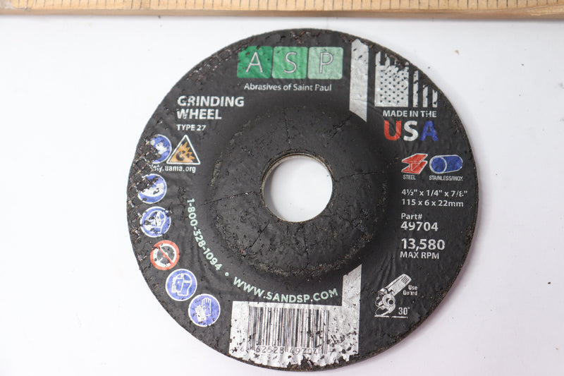 ASP Grinding Wheel Type 27 Aluminum Oxide 13580 Max RPM 4-1/2" x 1/4" x 7/8"