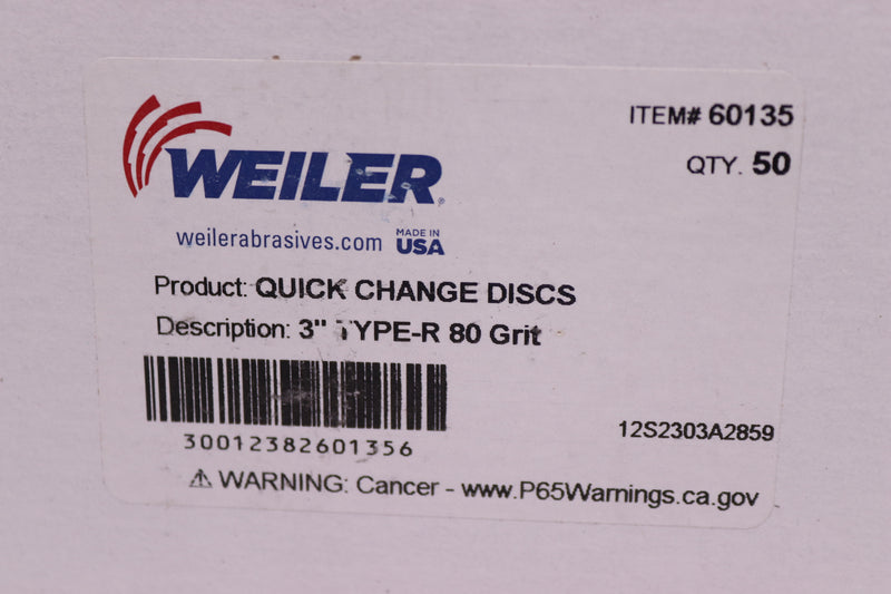 (50-Pk) Weiler Quick Change Disc 80 Grit Type R Hub Style Aluminum Oxide 3" Dia