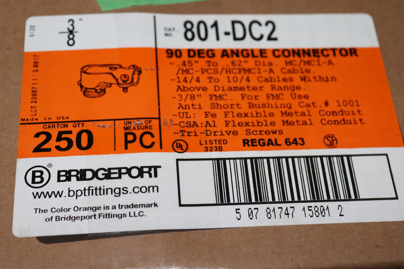 Bridgeport Die Cast Zinc 90 Degree Angle Connector 3/8" 801-DC2
