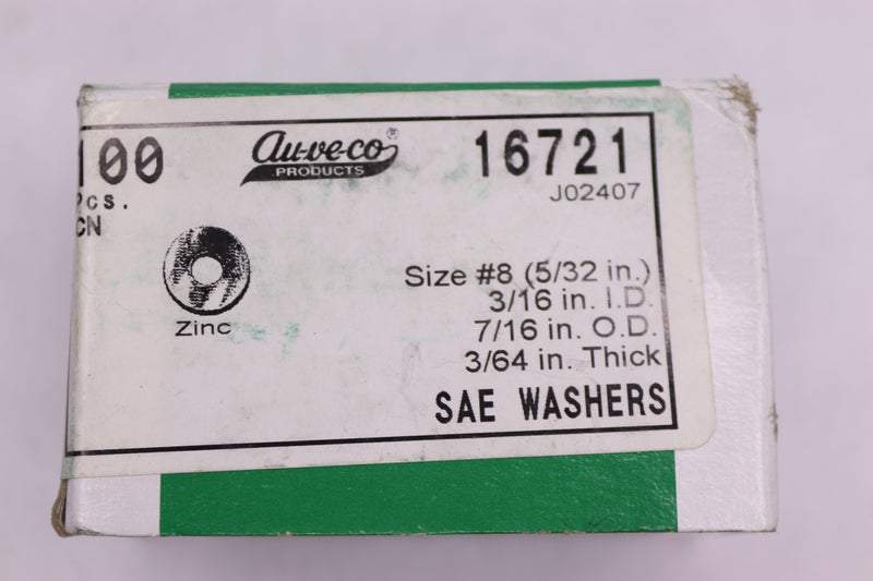 (100-Pk) Auveco Products Flat Washer Zinc Finish 7/16" OD 5/32" SAE 16721