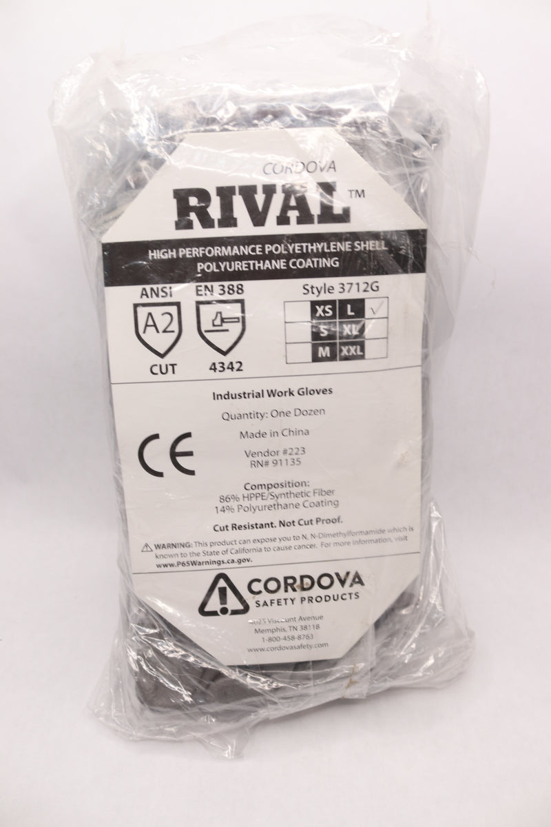 (12-Pairs) Cordova Rival HPPE A2 Cut Resistant Gloves Gray Large 3712G