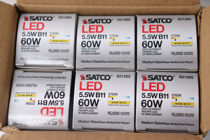 (6-Pk) Satco B11 LED Bulb Frost Medium Base 90 CRI 2700K 5.5W S21292