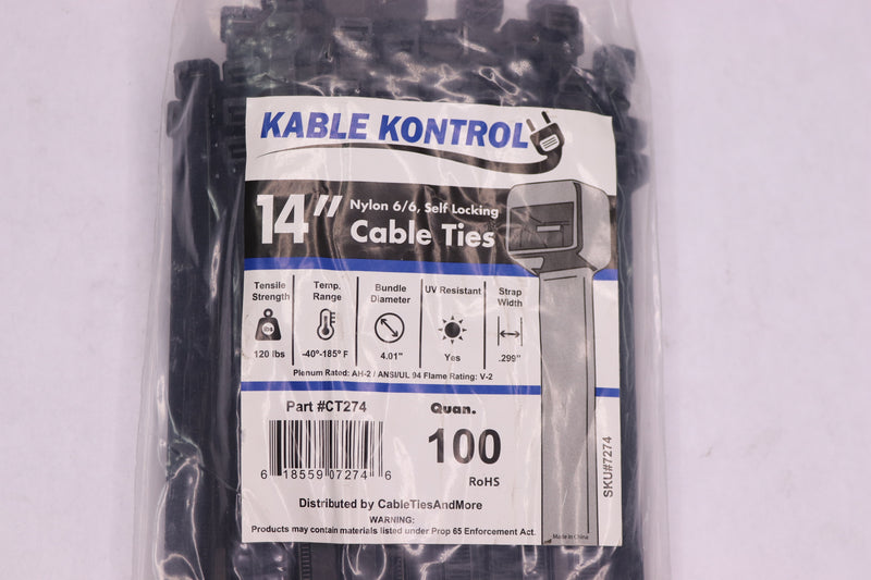Kable Kontrol Heavy Duty Cable Zip Ties Black Nylon 14" CT274