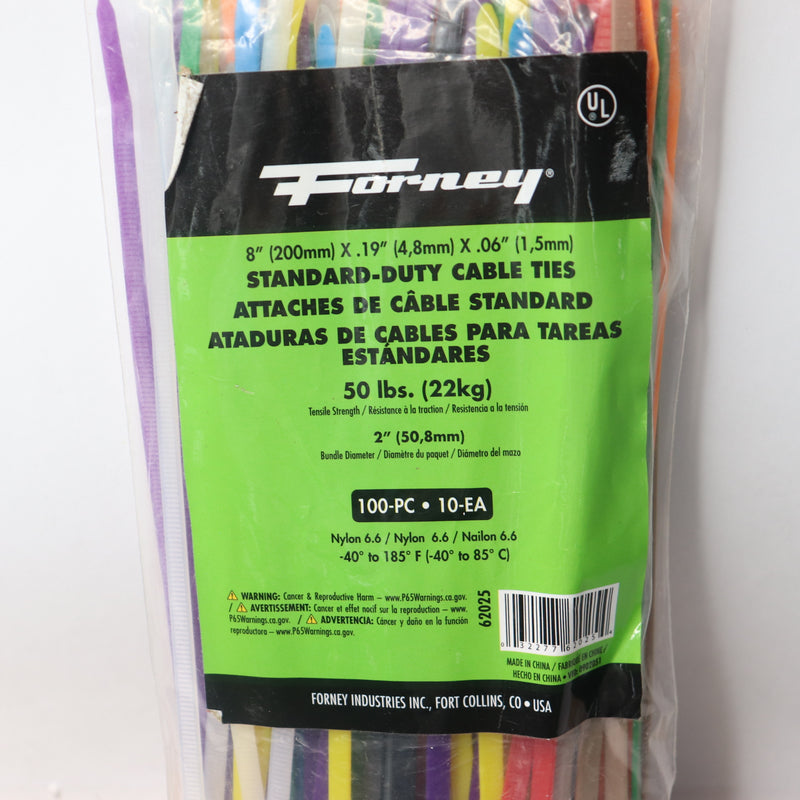 (100-Pk) Forney Cable Tie Nylon Assorted Color 50 Lbs 8" x .19" x .06" 62025