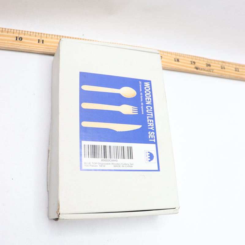 (100-Pk) Blue Top Disposable Wooden Cutlery Set