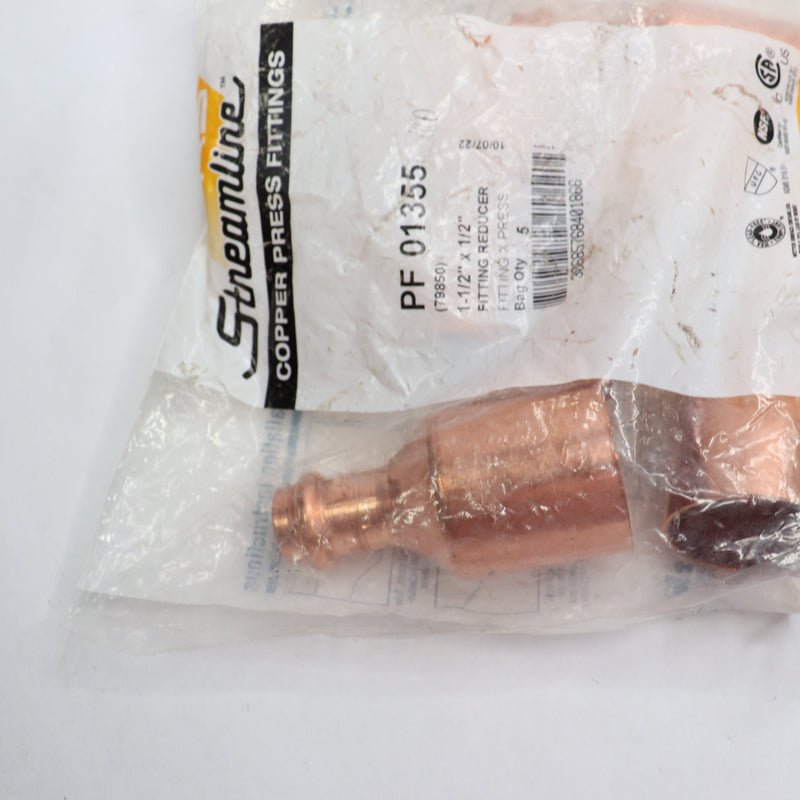 (5-Pk) Streamline Press Fitting Reducer Copper 1-1/2" x 1/2" PF 01355