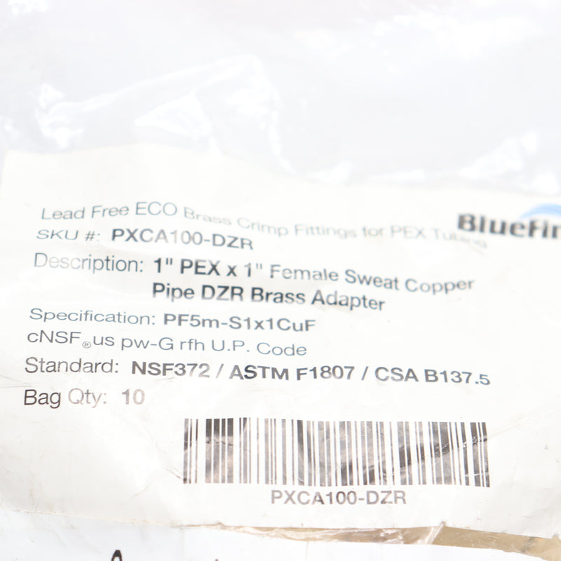 (10-Pk) Bluefin Female Sweat Copper Pipe DZR Adapter Brass 1" PEX x 1"