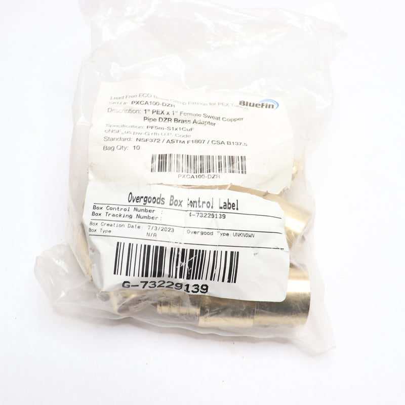 (10-Pk) Bluefin Female Sweat Copper Pipe DZR Adapter Brass 1" PEX x 1"