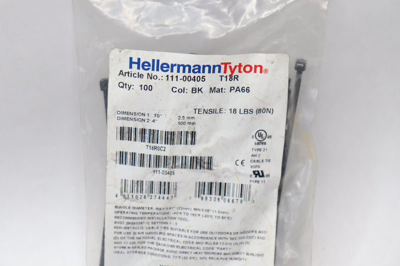 (100-Pk) Hellermann Tyton Standard Cable Tie Black 18lb Tensile Strength 4"