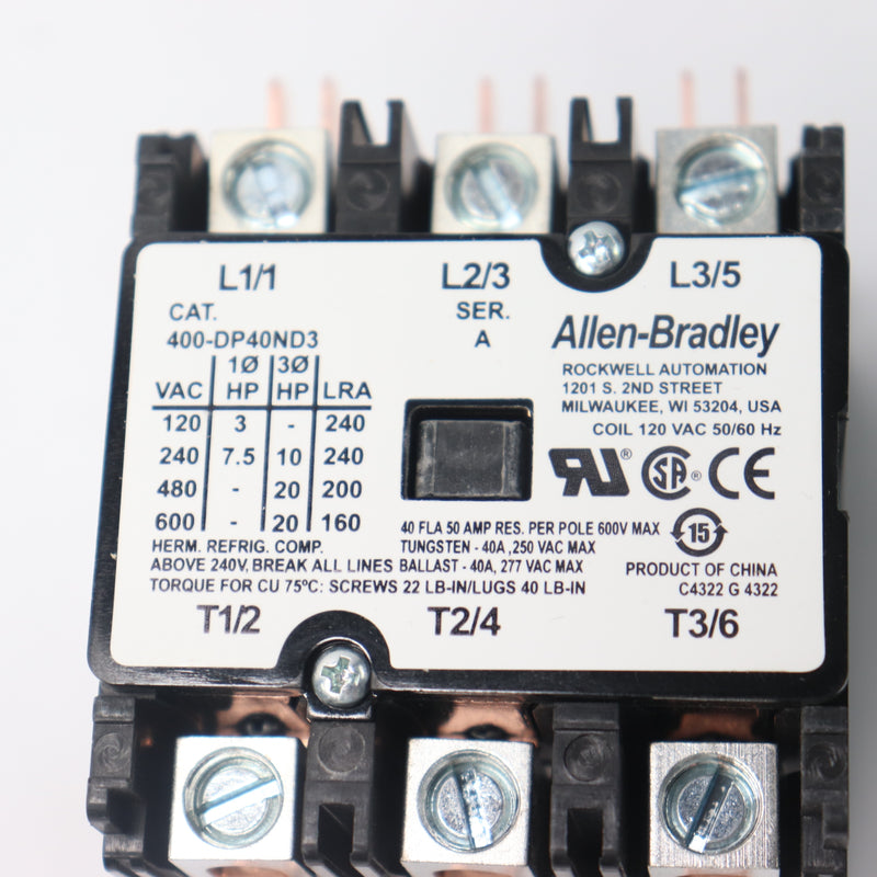 Allen-Bradley Definite Purpose Contactor 3 Pole 120 VAC 50/60Hz 400-SP40ND3