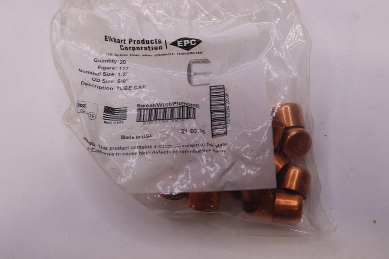 (20-Pk) Elkhart Products Tube Cap Copper 1/2" x 5/8" OD 117 1/2