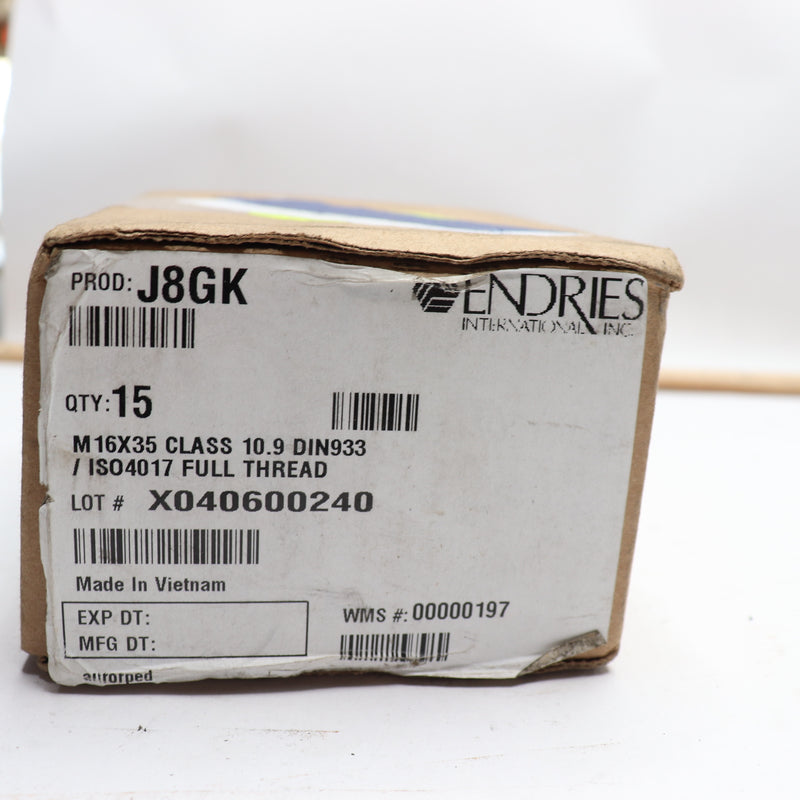 (15-Pk) Endries Metric Hex Cap Screws Plain Grade 10.9 M16 X 35 J8GK