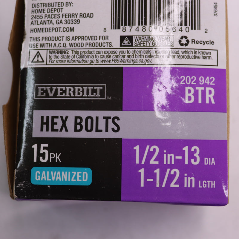 (15-Pk) Everbilt Hex Bolt Galvanized 1/2"-13 x 1-1/2" 202 942 BTR