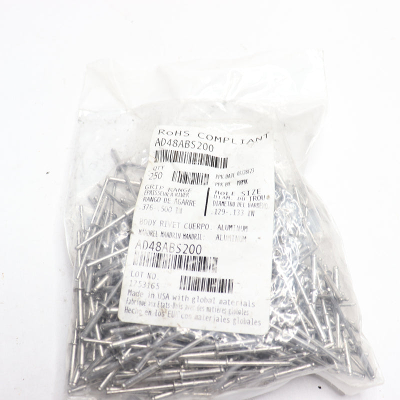 (250-Pk) POP Open End Blind Rivet Aluminum 1/8", .376-.500 Grip AD48ABS200