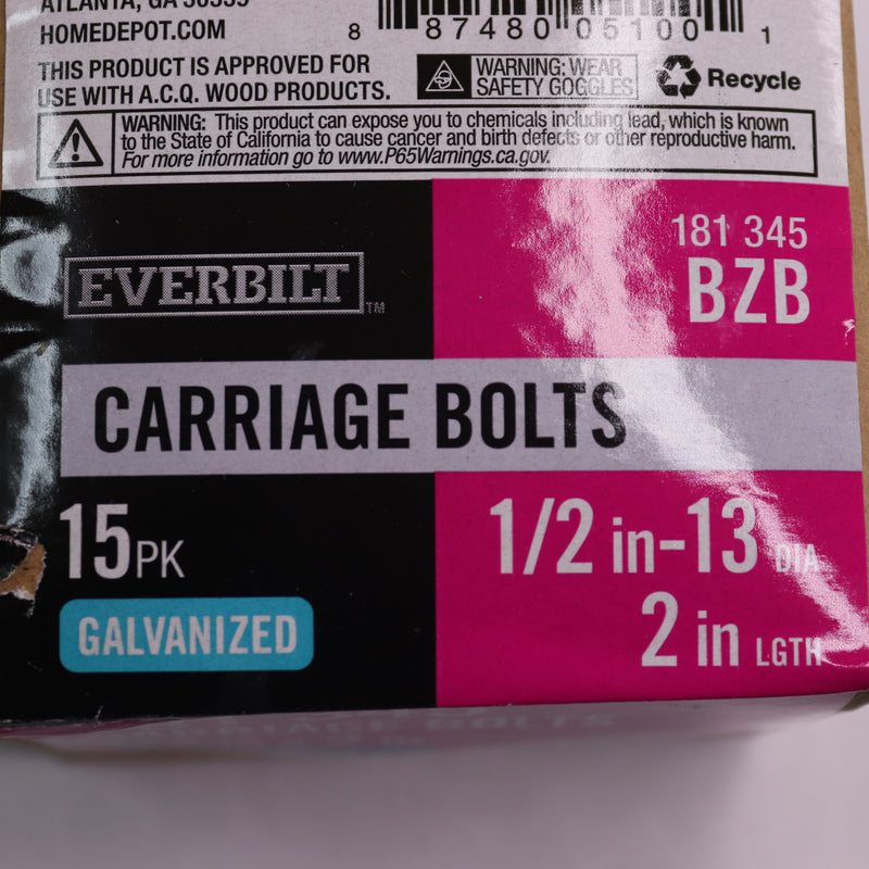 (15-Pk) Everbilt Galvanized Carriage Bolts 1/2"-13 x 2" 181 345 BZB