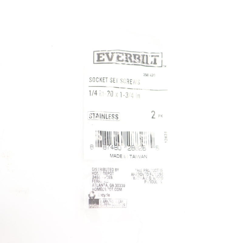 (2-Pk) Everbilt Grub Screws Allen Socket Set Stainless Steel 1/4-20 x 1-3/4"