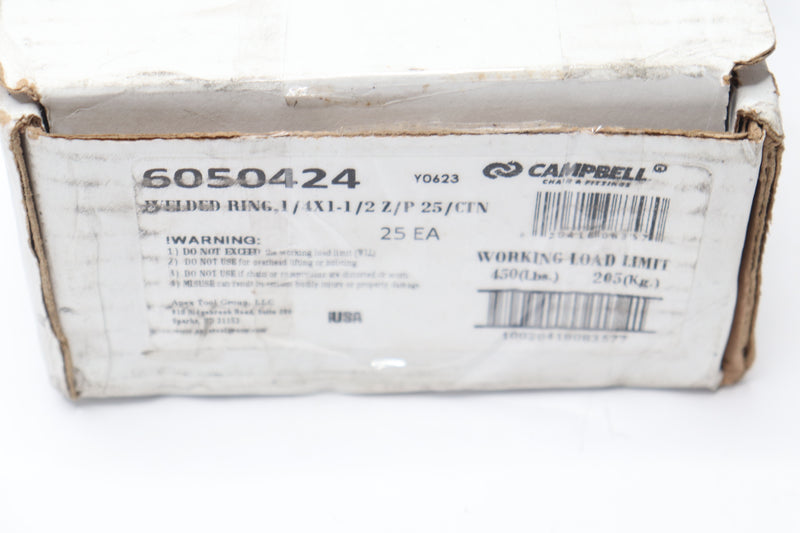 (25-Pk) Campbell Welded Ring Zinc Plated 1/4" X 1-1/2" 6050424