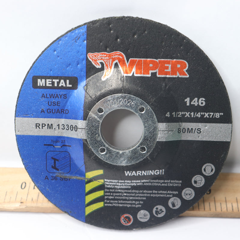 (5-Pk) Viper Metal Grinding Wheel RPM 13300 80M/S 4-1/2" X 1/4" X 7/8" 146