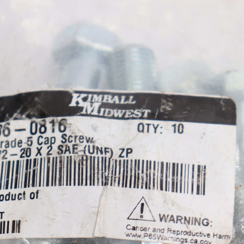 (10-Pk) Kimball Midwest Hex Head Cap Screw 1/2-20 x 2" 36-0816