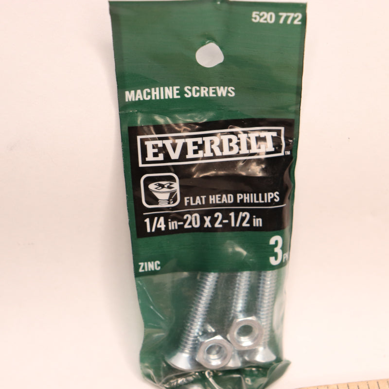 (3-Pk) Everbilt Phillips Flat Head Zinc Plated Machine Screw 1/4 in.-20 x 2-1/2"