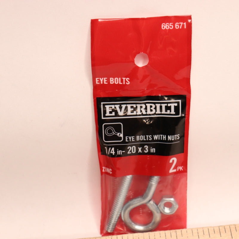 (2-Pk) Everbilt Eye Bolts with Nuts Zinc-Plated Steel 1/4"x 3" 665671