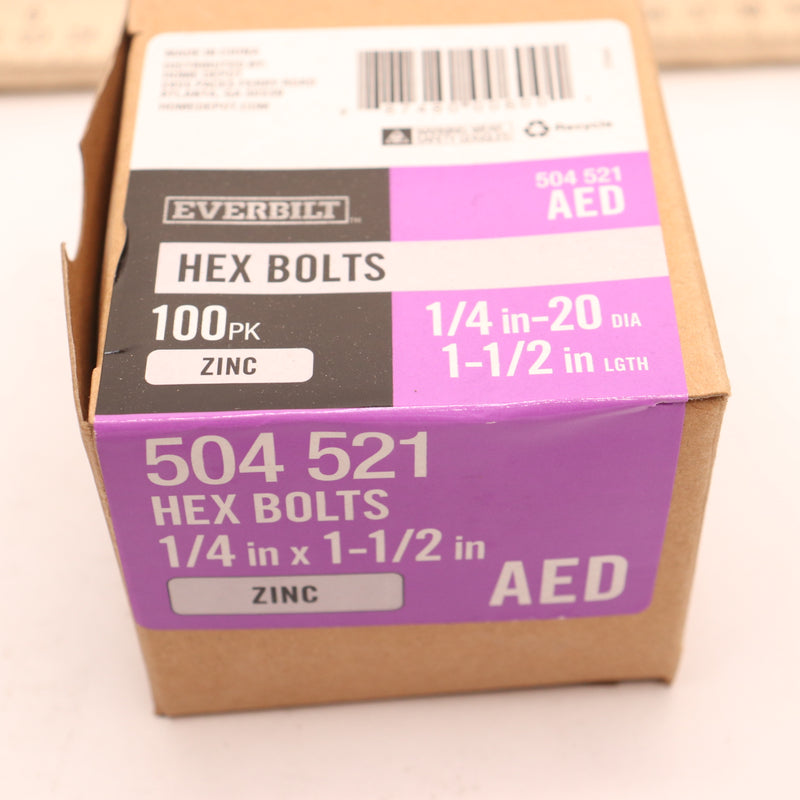 (100-Pk) Everbilt Hex Bolt Zinc Plated 1/4"-20 x 1-1/2" 504521