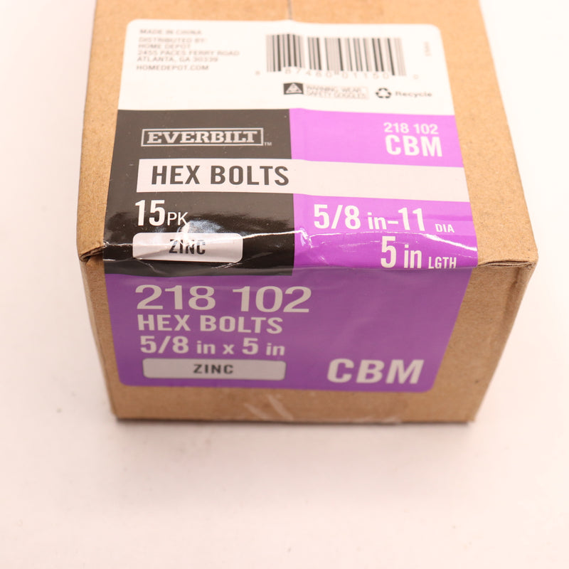 (15-Pk) Everbilt Hex Bolt Zinc Plated 5/8"-11 x 5" 218102