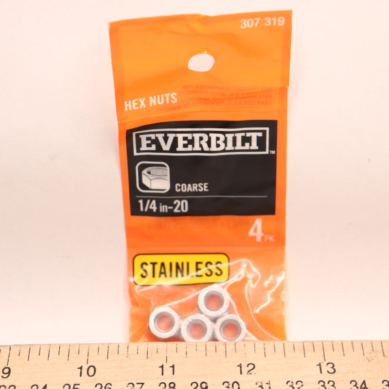 (4-Pk) Everbilt Hex Nut Stainless Steel 1/4"-20 307319