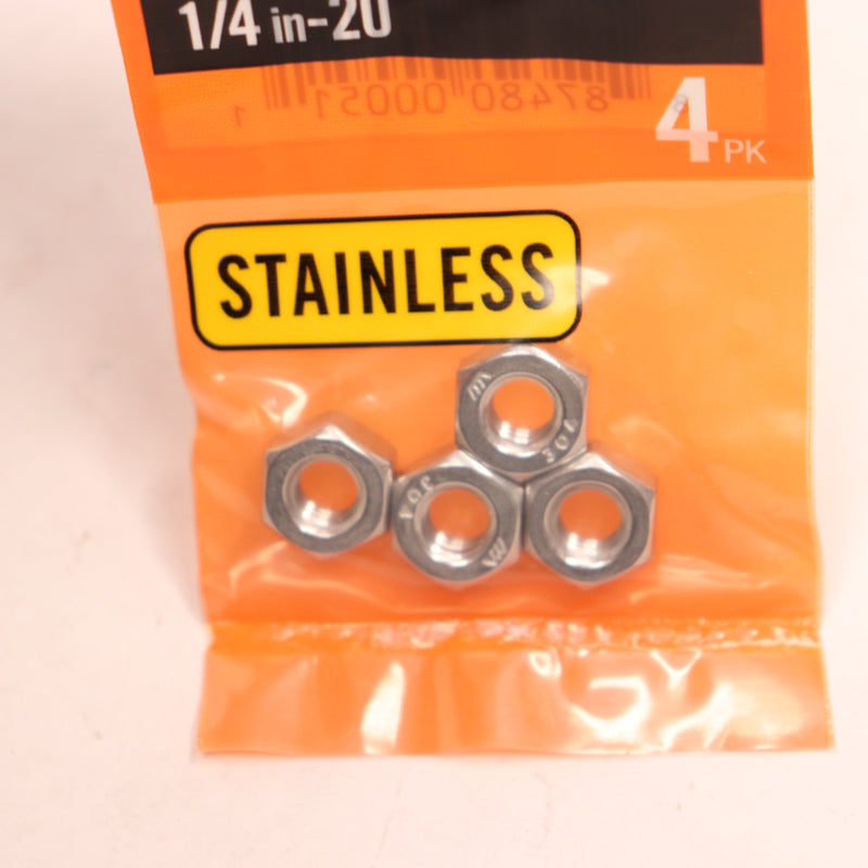 (4-Pk) Everbilt Hex Nut Stainless Steel 1/4"-20 307319