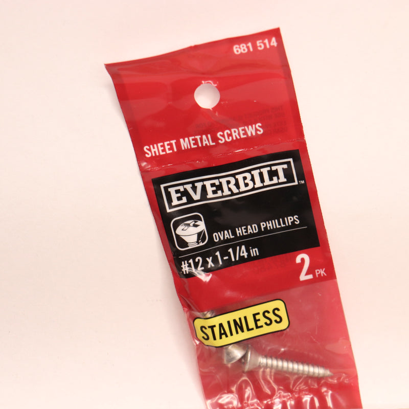 (2-Pk) Everbilt Phillips Oval Head Sheet Metal Screw Stainless Steel 12 x 1-1/4