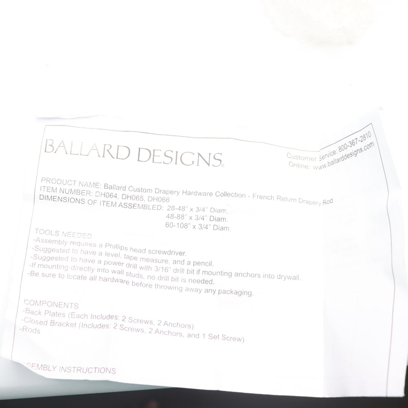 Ballard Designs French Return Drapery Hardware Set DH064 - Incomplete / Hardware