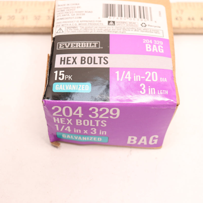 (15-Pk) Everbilt Hex Bolt Galvanized 1/4" x 3" 204329