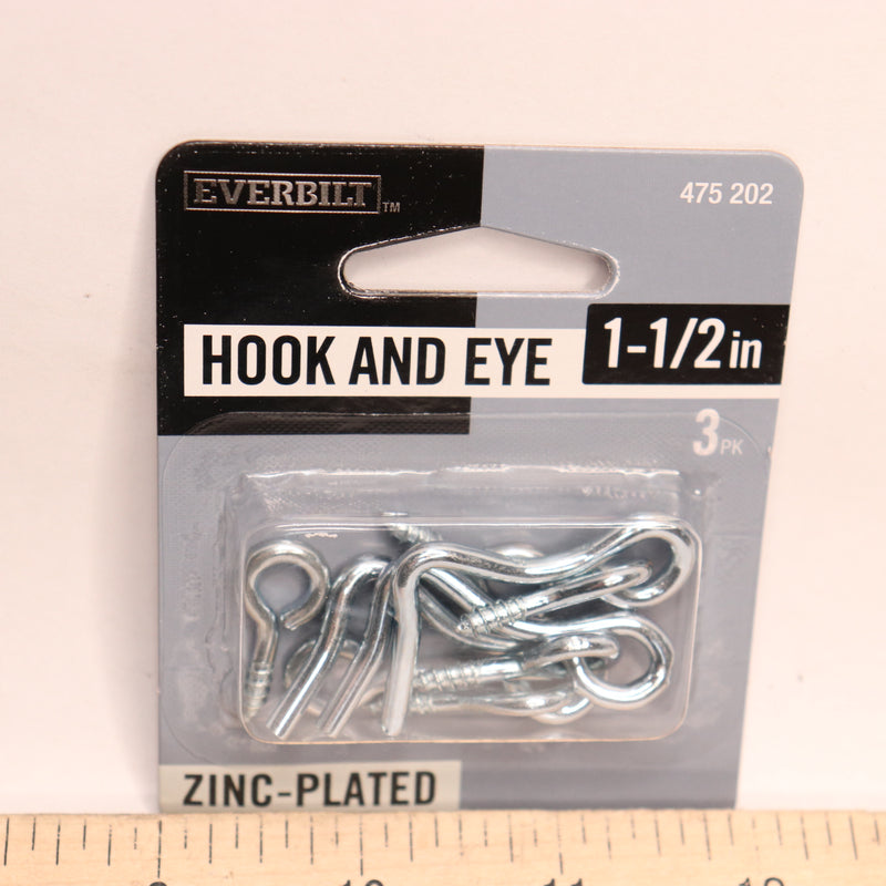 (3-Pk) Everbilt Hook and Eye Zinc Plated 1-1/2" 475202